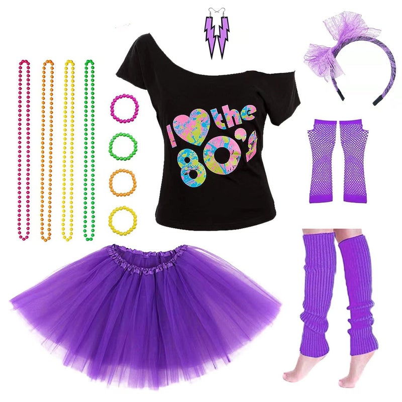 Leadtex Women's 80's Costumes with Accessories Set Purple Tutu Skirt Earrings Necklace Bracelets Fishnet Gloves Legwarmers Headband X-Large(12-14) â€¦ - Image 3